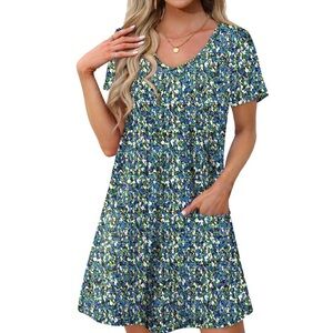 OFEEFAN Women’s Printed Cotton Floral print V neck Sundress Nightgown Nighty L